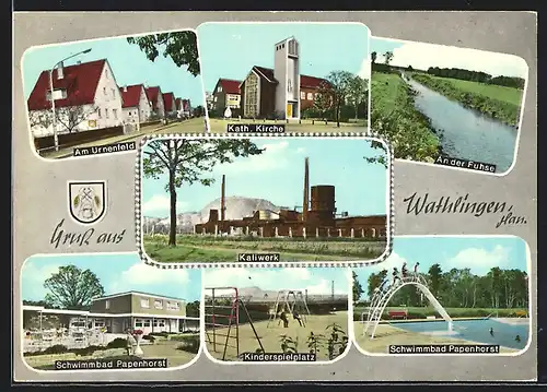 AK Wathlingen /Hann., Kaliwerk, Am Urnenfeld, Kath. Kirche, An der Fuhse, Kinderspielplatz, Schwimmbad Papenhorst