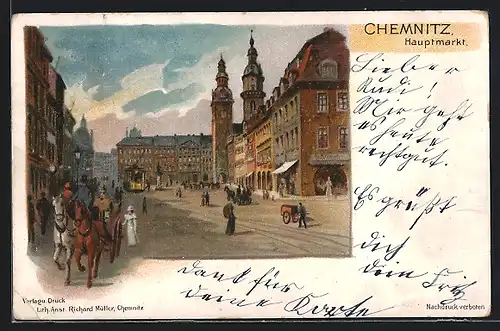 Lithographie Chemnitz, Hauptmarkt mit Strassenbahn