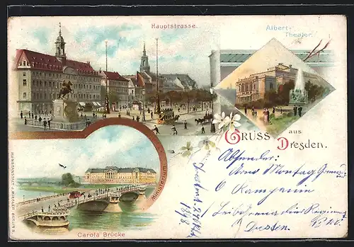 Lithographie Dresden, Hauptstrasse mit Pferdebahn, Carola Brücke und Albert-Theater