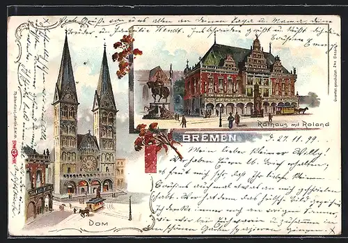 Lithographie Bremen, Dom mit Pferdebahn, Rathaus mit Roland