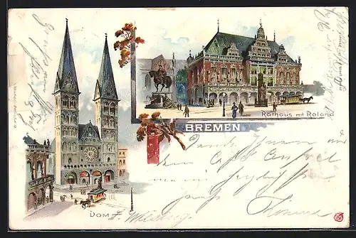 Lithographie Bremen, Dom mit Pferdebahn, Rathaus mit Roland