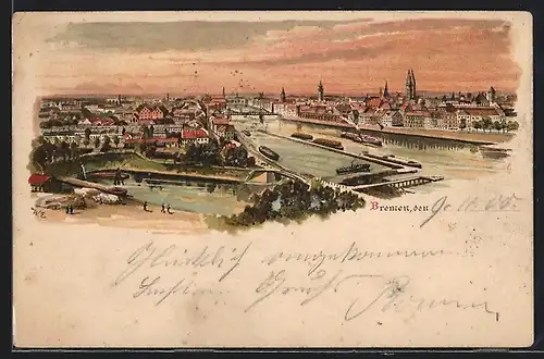 Lithographie Bremen / Stadt, Stadtansicht aus der Vogelschau