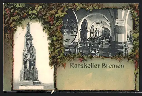 AK Bremen, Gasthaus Ratskeller Bremen in der Innenansicht und Denkmal