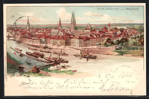 Lithographie Bremen / Stadt, Totalansicht der Stadt