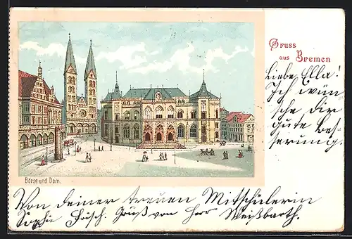 Lithographie Bremen, Börse und Dom