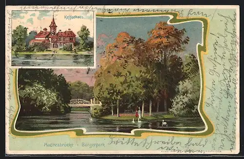 Lithographie Bremen, Hachezbrücke im Bürgerpark, Kaffhaus