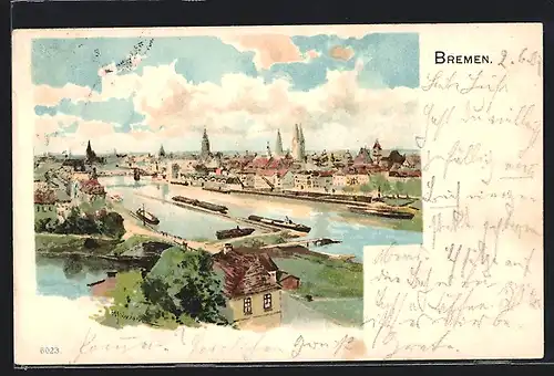 Lithographie Bremen / Stadt, Ortsansicht aus der Vogelschau