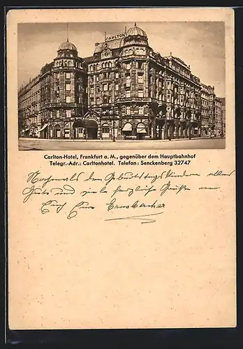 AK Frankfurt a. M., Carlton-Hotel gegenüber dem Hauptbahnhof