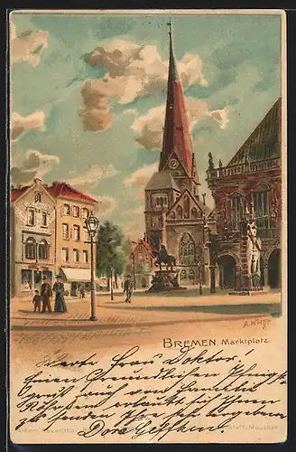 Lithographie Bremen / Stadt, Marktplatz