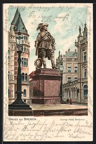 Lithographie Bremen, vor dem Gustav-Adolf-Denkmal