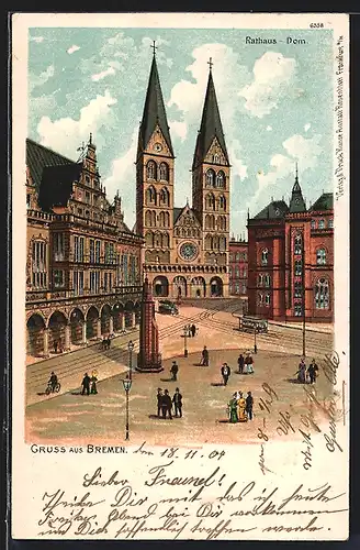 Lithographie Bremen, Blick auf das Rathaus und den Dom