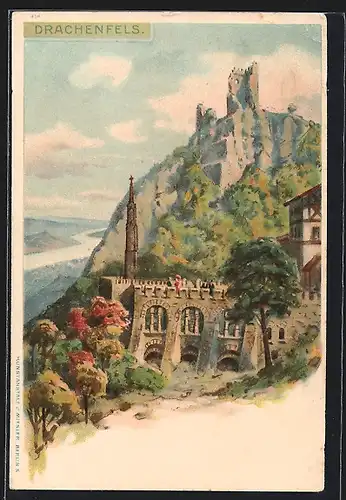 Künstler-AK Drachenfels, Ortspartie mit Ruine