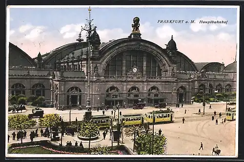 AK Frankfurt, Blick auf den Hauptbahnhof mit Strassenbahn