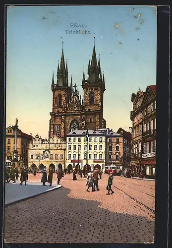 AK Prag, Strassenbahn an der Teinkirche