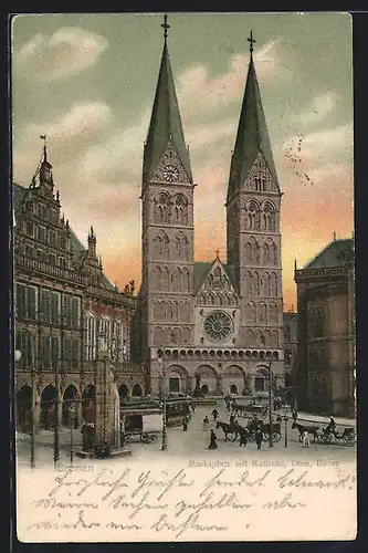 AK Bremen, Marktplatz mit Rathaus, Dom und Börse, Strassenbahn