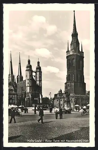 AK Halle /Saale, Roter Turm mit Hausmannstürmen und Strassenbahn