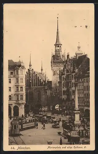 AK München, Marienplatz mit altem Rathaus und Strassenbahn