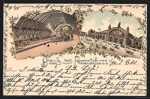 Lithographie Frankfurt, Aussen- und Innenansicht vom Hauptbahnhof