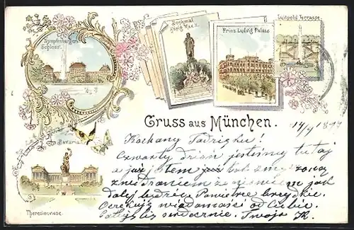 Lithographie München, Theresienwiese-Bavaria, Nympfenburger Schloss, Denkmal König Max II., Prinz Ludvig Palais