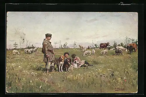 AK Russischer Hirte bei der Arbeit auf der Weide