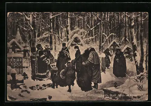 Künstler-AK Beerdigung in Russland im Winter