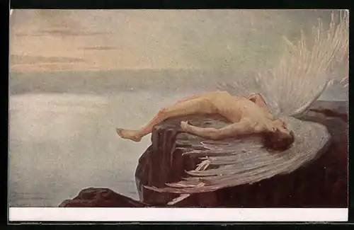 Künstler-AK sign. E.N. Klakatschewa: Ikarus gestürzt auf einem Felsen am Meer liegend
