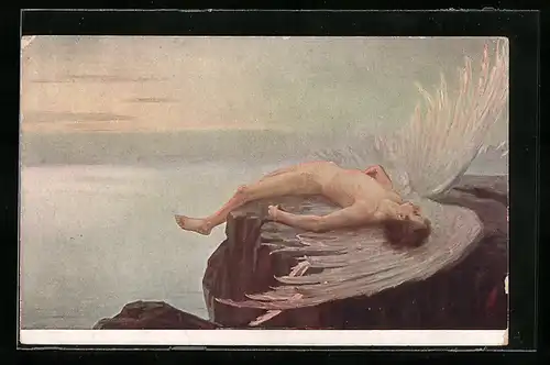 Künstler-AK sign. E.N. Klakatschewa: Ikarus gestürzt auf einem Felsen am Meer liegend