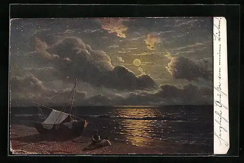 Künstler-AK sign. G.O. Kalmykoff: Mondaufgang am Meer, Russische Kunst