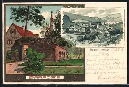 Künstler-AK K. Mutter: Paradies-Partie, Herrenalb-Panorama m. Kirche
