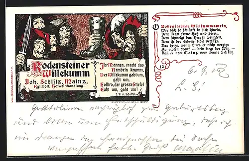 Künstler-AK Rodenstein, Weinhandlung Rodensteiner Willekumm, Wächter trinkt aus Horn