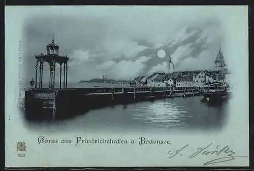 Mondschein-AK Friedrichshafen a. Bodensee, Steg mit Pavillon