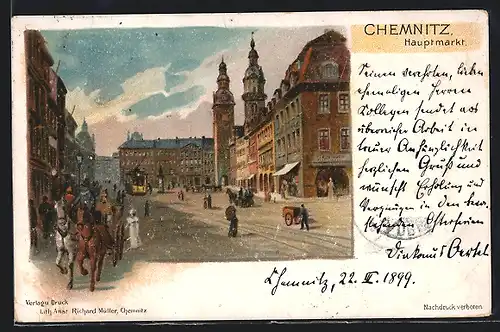 Lithographie Chemnitz, Hauptmarkt mit Strassenbahn