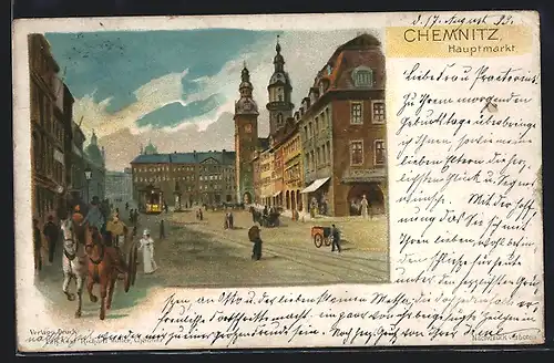 Lithographie Chemnitz, Hauptmarkt mit Strassenbahn