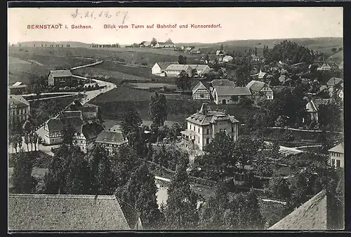 AK Bernstadt / Sachsen, Blick vom Turm nach dem Bahnhof und Kunnersdorf