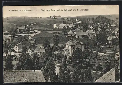 AK Bernstadt i. Sachsen, Blick vom Turm auf den Bahnhof und Kunnersdorf