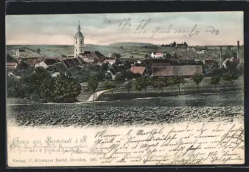 AK Bernstadt i. Sa., Teilansicht mit Kirche
