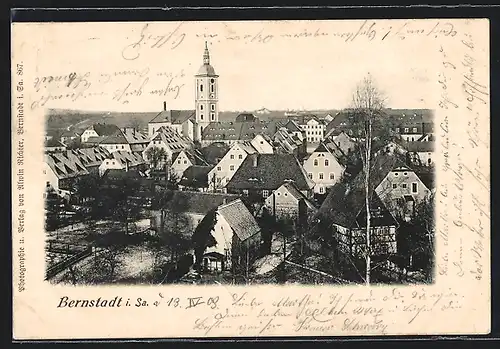 AK Bernstadt i. Sa., Teilansicht mit Kirche