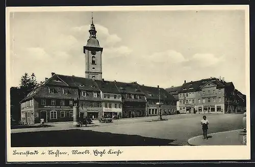 AK Bernstadt / Sachsen, Markt mit ev. Kirche