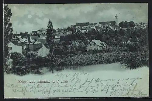 Mondschein-AK Landau a. d. Isar, Teilansicht mit Kirche