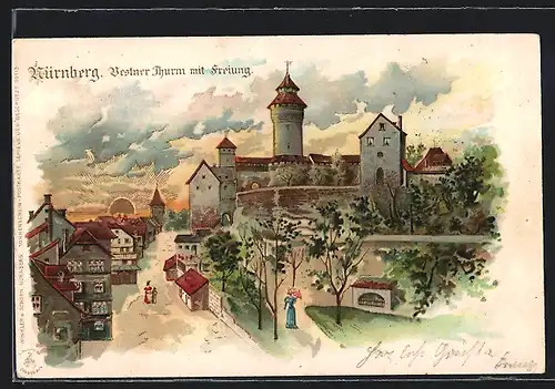 Lithographie Nürnberg, Vestner Thurm mit Freiung