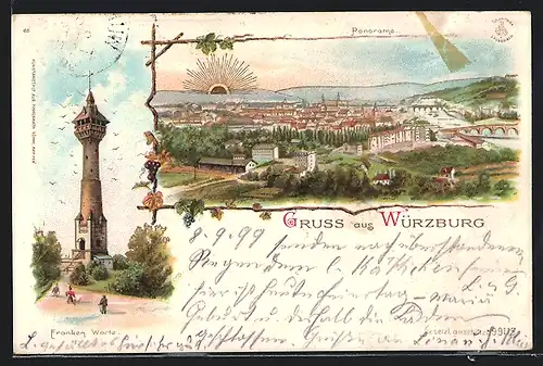 Lithographie Würzburg, Stadtpanorama, Franken Warte