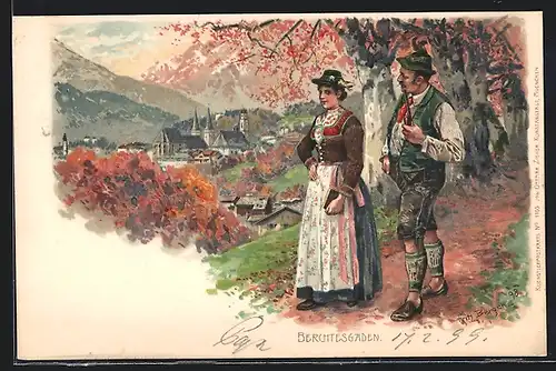 Künstler-AK Fritz Bergen: Berchtesgaden, Ortsansicht, Paar in Tracht