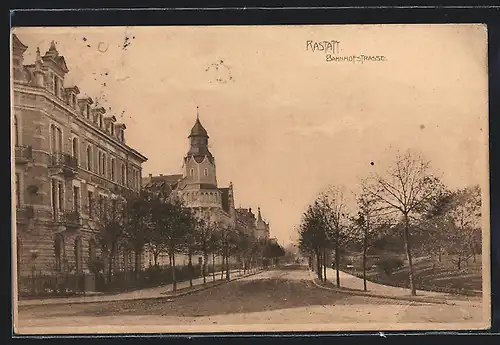 AK Rastatt, Bahnhofstrasse mit Kirche