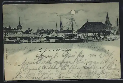 Mondschein-AK Konstanz, Uferpartie mit Kirche