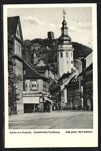 AK Karlsruhe-Durlach, Stadtkirche mit Sparkasse und Turmberg