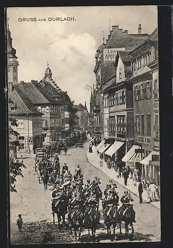 AK Durlach, Militär-Parade in der Hauptstrasse