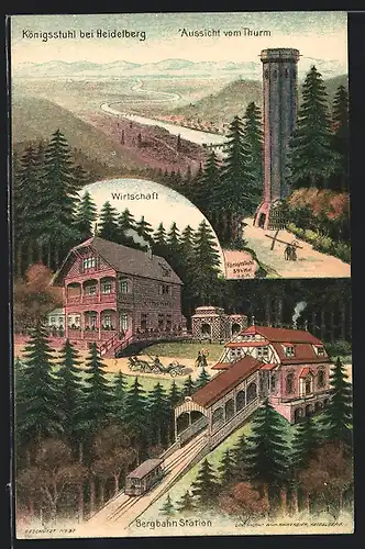 Lithographie Heidelberg, Gasthaus auf dem Königsstuhl mit Bergbahn Station