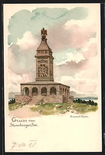 Lithographie Starnberg, Bismarck-Turm am Starnberger See