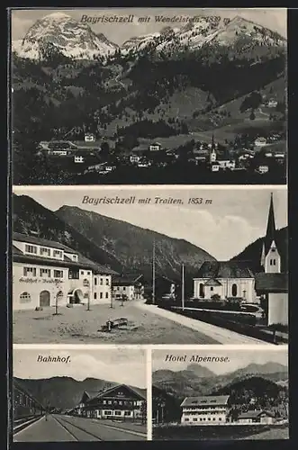 AK Bayrischzell, Gasthof Wendelstein mit Traiten, Hotel Alpenrose, Bahnhof