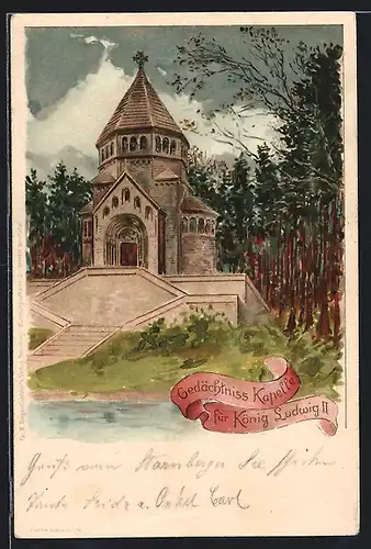 Künstler-AK Gedächtniss-Kapelle für König Ludwig II., Schloss Berg am Starnberger See